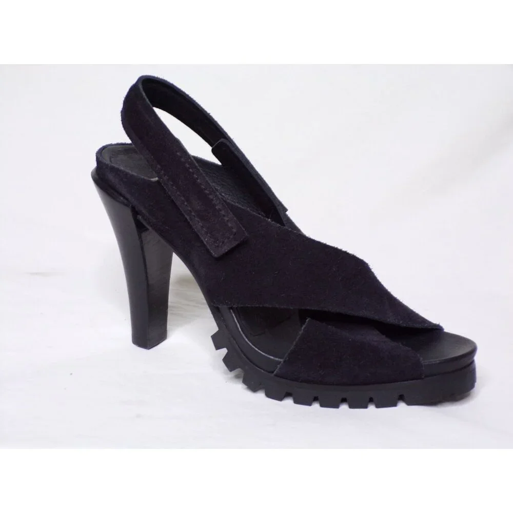 🆕 PEDRO GARCIA Yuval Slingback Peep Toe Lug Sole Heels Sandals Shoes Black 7.5 - Picture 6 of 8